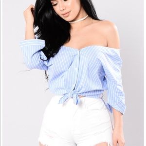 Pin stripe off the shoulder top